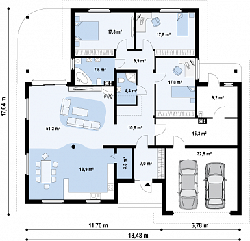 Проект одноэтажного дома из газобетона с тремя спальнями, просторной гостиной и гаражом / План 1 этажа