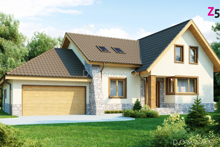 Проект просторного одноэтажного мансардного дома из кирпича с кабинетом, четырьмя спальнями и гаражом на два автомобиля