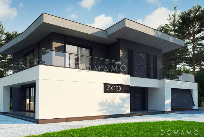 Проект современного двухэтажного дома из газобетона с пятью спальнями, с гаражом для двух автомобилей и террасами на обоих уровнях