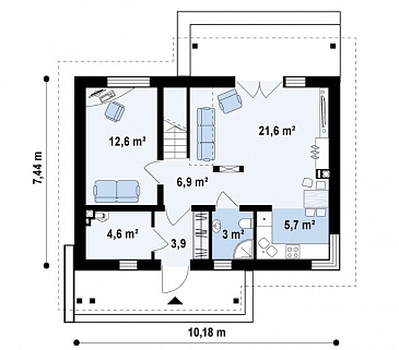 Проект компактного одноэтажного мансардного дома из газобетона с кабинетом и тремя спальнями / План 1 этажа