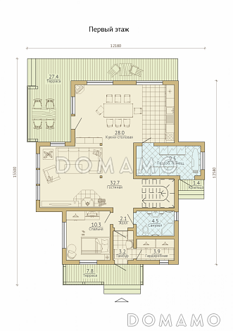 Проект современного каркасного дома с двумя террасами / План 1 этажа