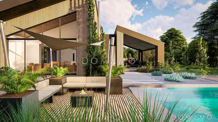 Проект одноэтажного загородного дома с косой крышей, навесом для машины, столовой, гостиной