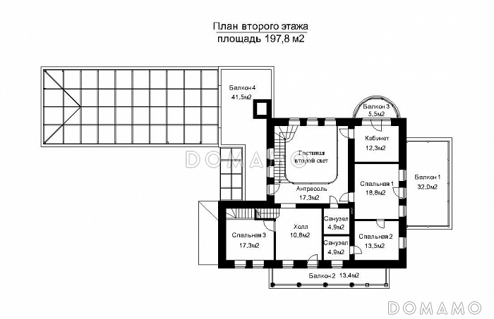Проект загородного дома с пристроенным задним бассейна из светопрозрачных конструкций / План 2 этажа