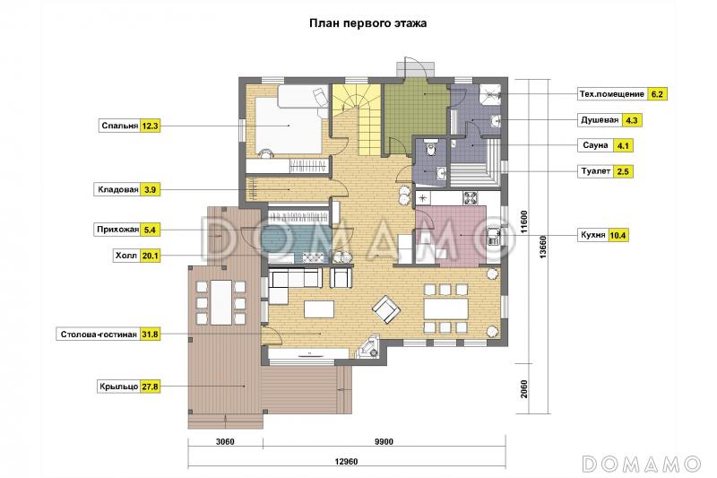 Проект дома из газобетона с ванной комнатой на втором этаже / План 1 этажа