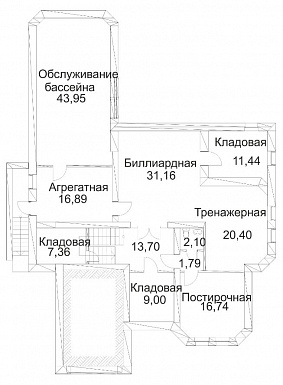 Проект дома из кирпича с сауной и пристроенным бассейном / План цокольного этажа