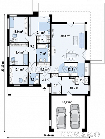 Проект просторного современного одноэтажного дома из газобетона с тремя спальнями, кабинетом и гаражом / План 1 этажа
