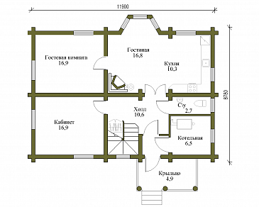 Проект традиционного усадебного дома из бревен / План 1 этажа