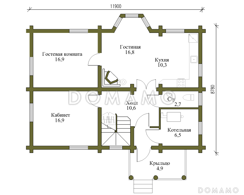 Проект традиционного усадебного дома из бревен / План 1 этажа