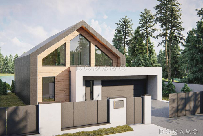 Проект загородного дома с панорамным остеклением, кабинетом, просторной гостиной, гаражом на 2 машины, кладовой на кухне