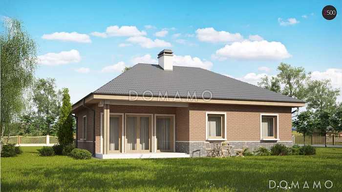 Проект одноэтажного дома из газобетона с кирпичными фасадами с тремя спальнями, светлой гостиной и угловым окном в кухне