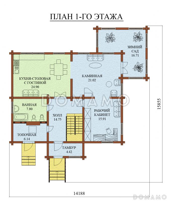 Проект дома из оцилиндрованного бревна, с мансардным этажом и зимним садом / План 1 этажа