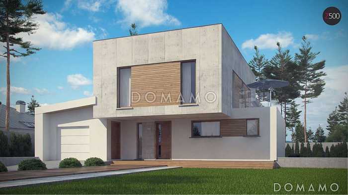 Проект современного двухэтажного дома из газобетона сложной формы с четырьмя спальнями и гаражом