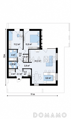 Проект компактного одноэтажного дома из кирпича с косой крышей и с двумя спальнями / План 1 этажа