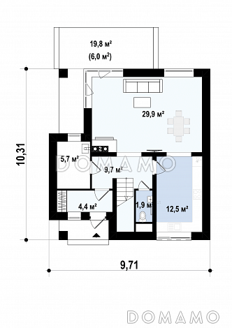 Проект небольшого одноэтажного мансардного дома из кирпича с тремя спальнями и просторной гостиной / План 1 этажа