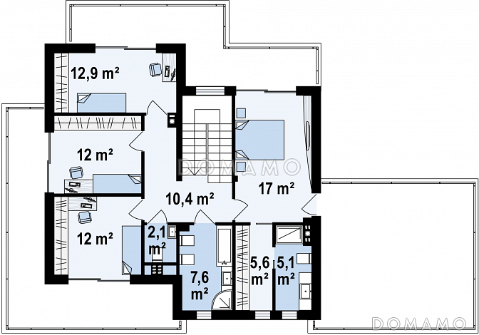 Проект современного двухэтажного дома из кирпича с пятью спальнями, с гаражом для двух автомобилей и террасами на обоих уровнях / План 2 этажа