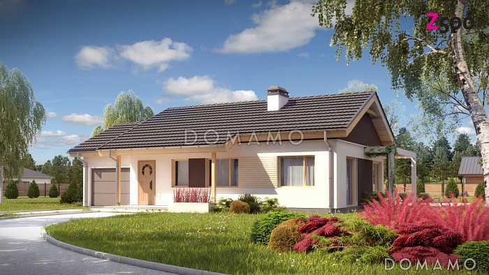 Проект одноэтажного дома из газобетона с большой светлой гостиной и с пристроенным гаражом