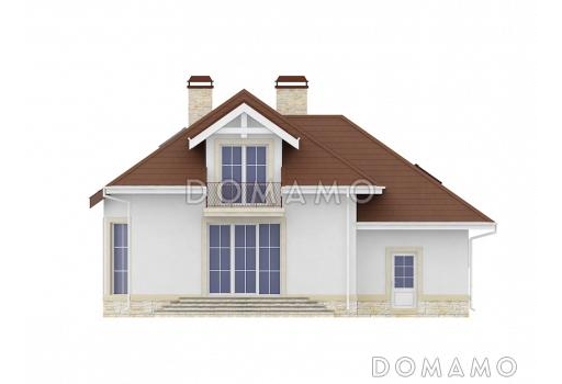 Проект мансардного дома из газобетона с 2 балконами, эркером и гаражом на 1 машину / Фасад 2