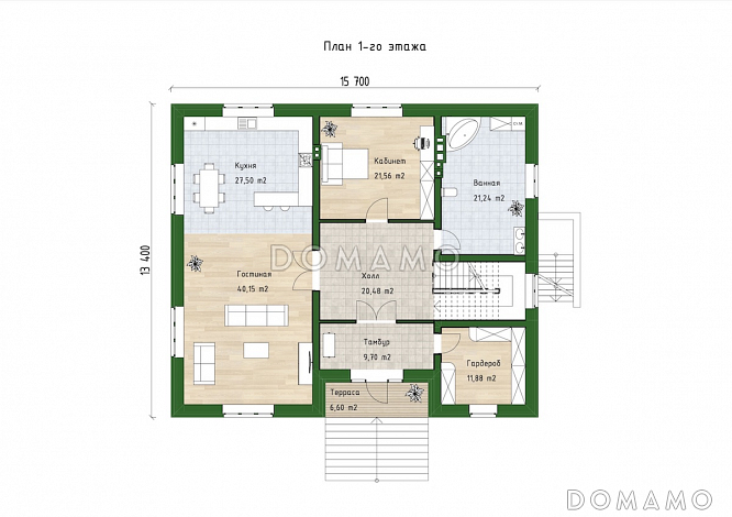 Проект трехуровневого дома с 3 спальнями, балконом и большим подвалом / План 1 этажа
