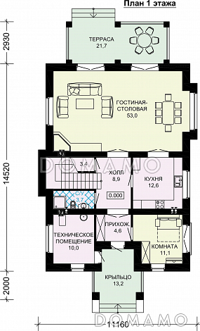 Проект просторного кирпичного дома с крытой террасой у гостиной / План 1 этажа