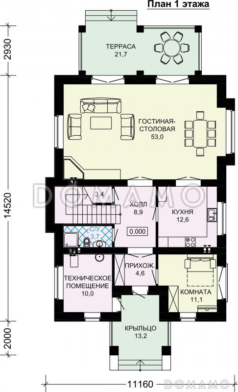 Проект просторного кирпичного дома с крытой террасой у гостиной / План 1 этажа