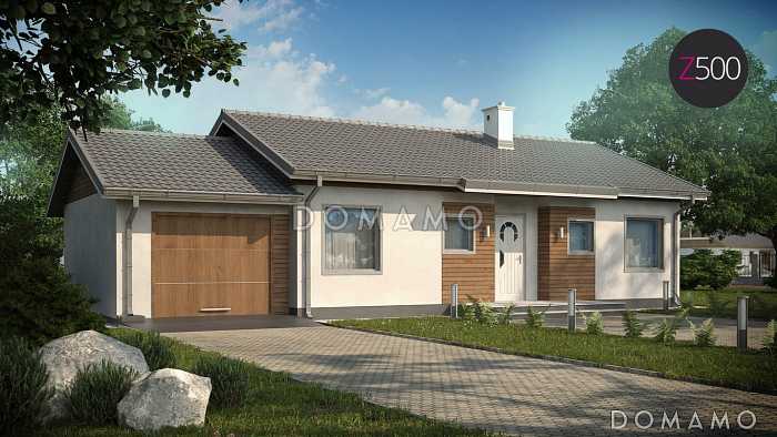 Проект компактного одноэтажного дома из газобетона с тремя спальнями, небольшой крытой террасой и гаражом