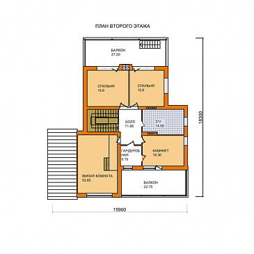 Проект дома из кирпича с экономичной двускатной крышей и навесом для автомобиля / План мансардного этажа