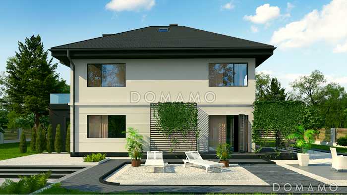 Проект загородного дома с гаражом на две машины, просторной гостиной, комнатой на первом этаже, кладовой