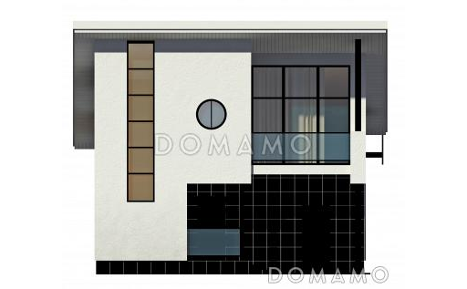 Загородный дом с односкатной крышей, круглым окном, крытой террасой и вторым светом  / Фасад 4