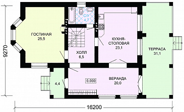 Проект великолепного дома из темного кирпича с верандой и зеленой крышей / План 1 этажа