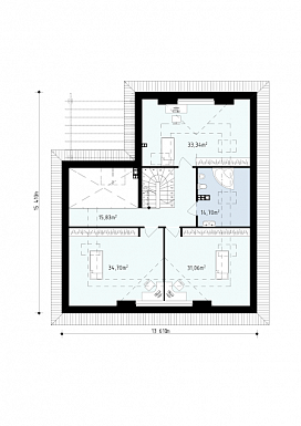 Проект просторного одноэтажного мансардного дома из кирпича с кабинетом, спальнями на обоих этаж и гаражом на два автомобиля / План мансардного этажа