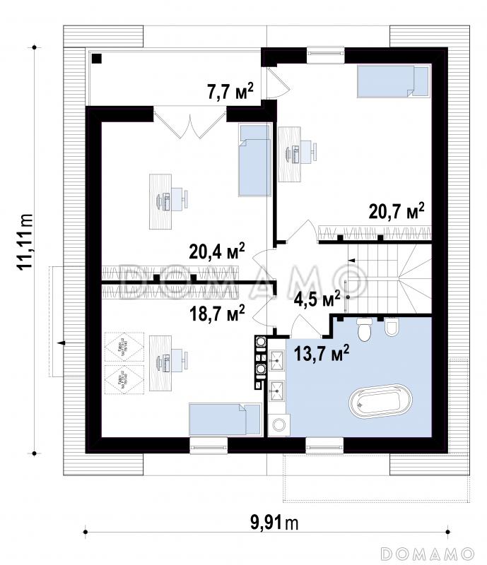 Проект одноэтажного дома из кирпича с мансардным этажом с прямоугольным эркером и балконом / План мансардного этажа