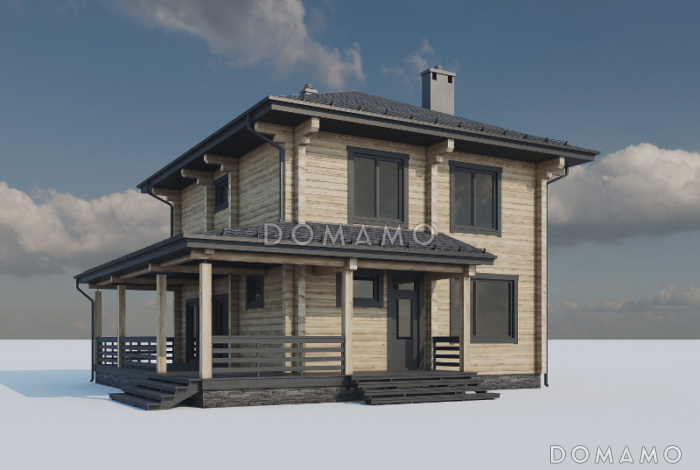 Проект двухэтажного дома из бруса с четырьмя спальнями, кабинетом и крытой террасой