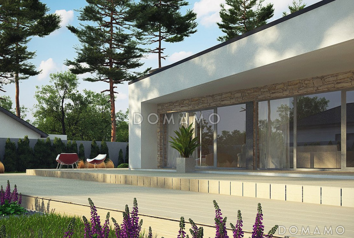 Проект просторного современного одноэтажного дома из кирпича с плоской крышей с тремя спальнями, крытыми террасами и одноместным гаражом