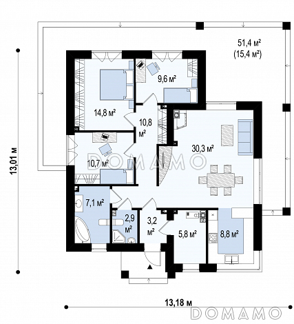 Проект современного одноэтажного дома из газобетона с плоской крышей с тремя спальнями и частично крытой террасой / План 1 этажа
