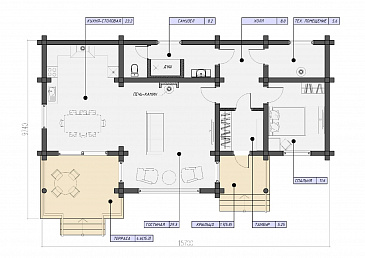 Проект бревенчатого дома с одной спальней, кухней-столовой и просторной гостиной с камином / План 1 этажа