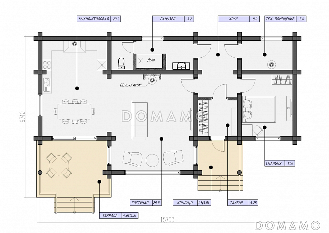 Проект бревенчатого дома с одной спальней, кухней-столовой и просторной гостиной с камином / План 1 этажа