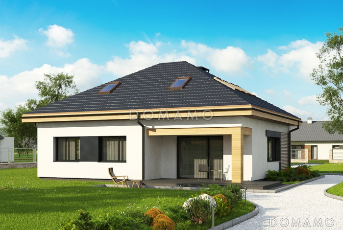 Проект одноэтажного дома из газобетона с тремя спальнями и небольшой крытой угловой террасой, с жилой мансардой