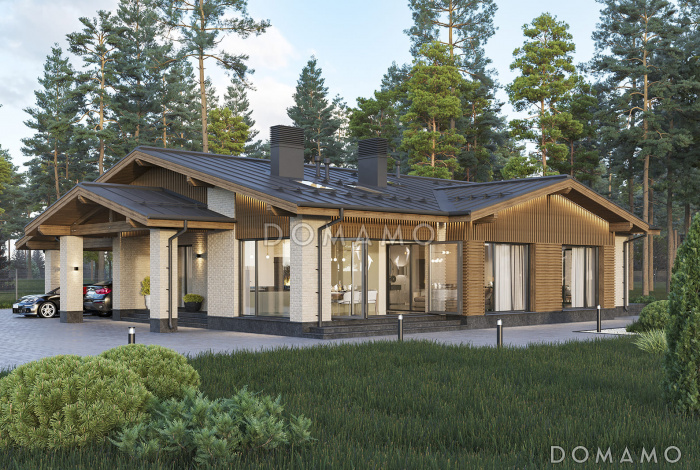 Проект дома из газобетона с навесом для автомобилей, мастер-спальней, совмещенной гостиной-столовой и кухней