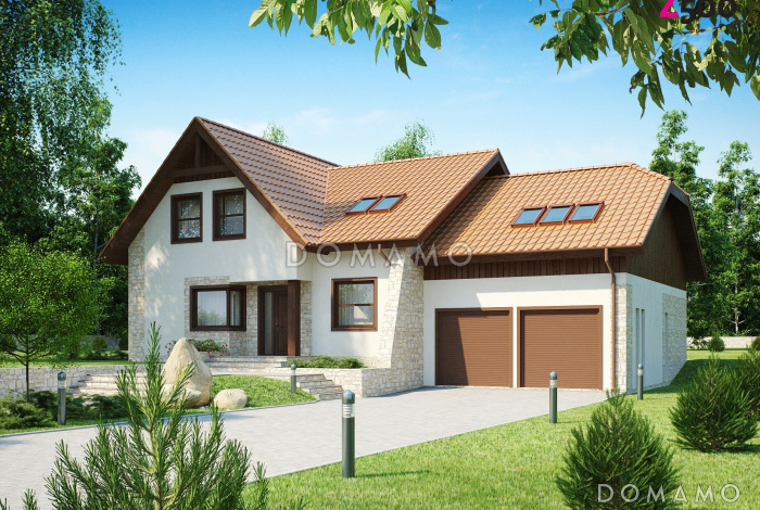 Проект просторного мансардного коттеджа из кирпича с пятью спальнями, кабинетом и гаражом