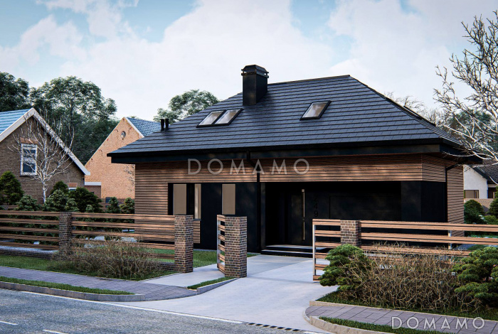 Проект комфортного одноэтажного загородного дома с мансардой, гаражом, санузлом на первом этаже, просторной дневной зоной