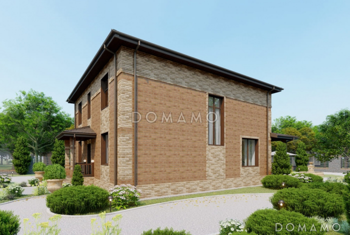 Проект двухэтажного дома с 4 спальнями, большой гостиной и подсветкой на террасе