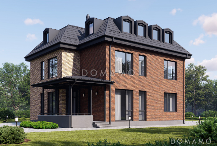 Проект двухэтажного особняка с мансардой, террасой и большой гардеробной