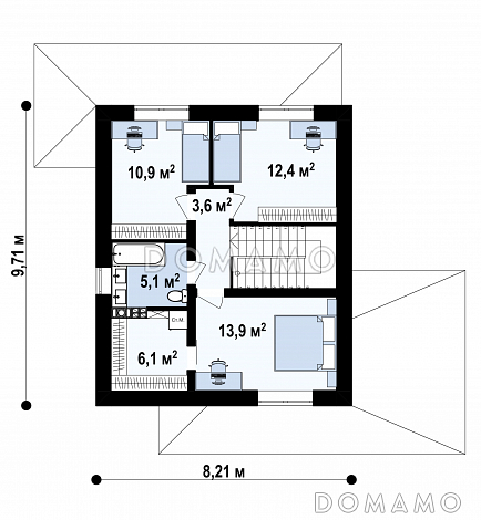 Проект двухэтажного загородного дома с кабинетом, зоной кухни с окном, гостиной с выходом на крытую террасу / План 2 этажа