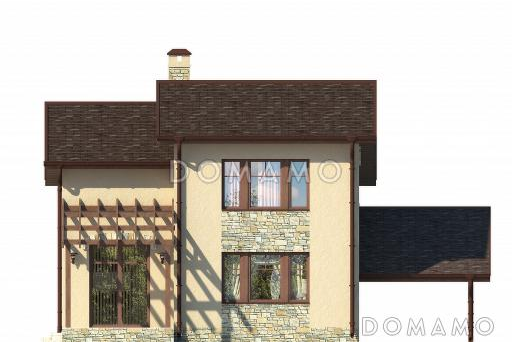 Проект дома с террасой, кухней-столовой с выходом на террасу, санузлом с окном, навесом для автомобиля / Фасад 1