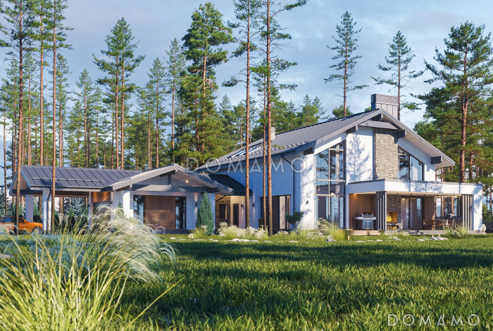 Проект кирпичного двухэтажного дома с гаражом, навесом и террасой