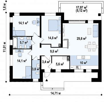 Проект одноэтажного дома с плоской крышей, террасой,  тремя спальнями / План 1 этажа