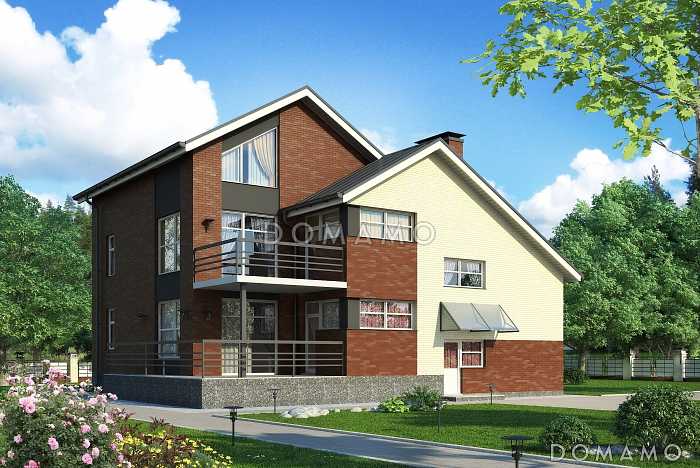 Проект дома с двухскатной крышей с мансардными окнами,  террасой, двумя балконами, кладовой на мансарде