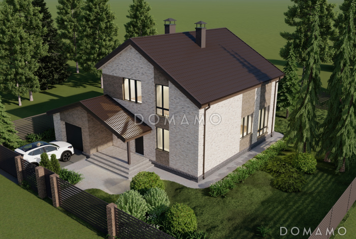 Проект двухэтажного кирпичного дома с гаражом на два машиноместа, тремя спальнями и кабинетом на втором этаже