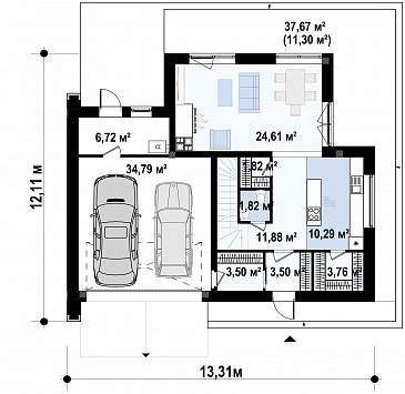 Проект двухэтажного дома с гаражом, гостиной с камином, кладовой, балконами / План 1 этажа