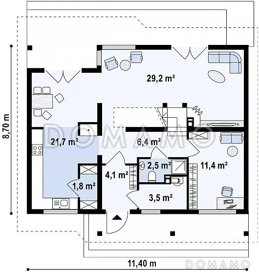 Проект одноэтажного мансардного дома из кирпича с кабинетом и тремя комнатами / План 1 этажа